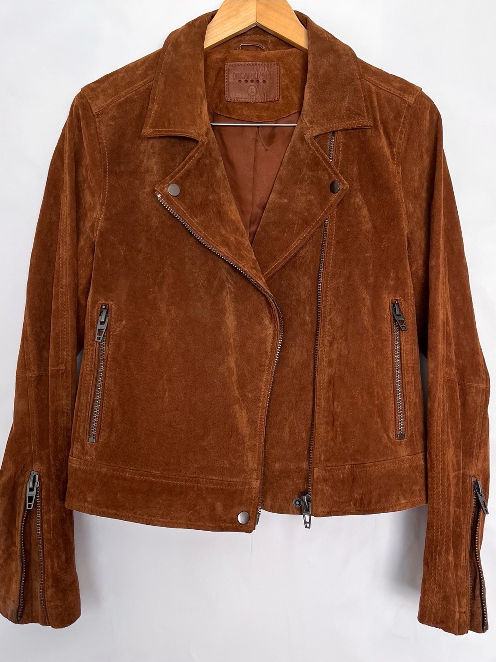Blank NYC Genuine Suede Motorcycle Jacket Zippered Pocket Lined Size Large Brown